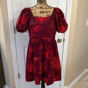 Time and Tru Burgundy Midi Dress with Red Floral Print